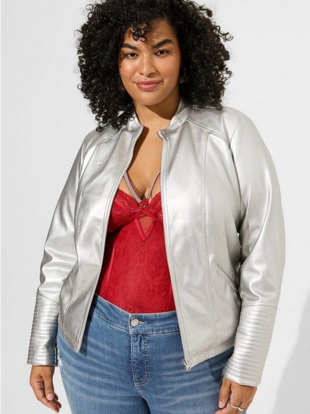 NWTs Torrid Faux Leather Zip Moto Jacket Silver Metallic Plus Size 2X Quilted